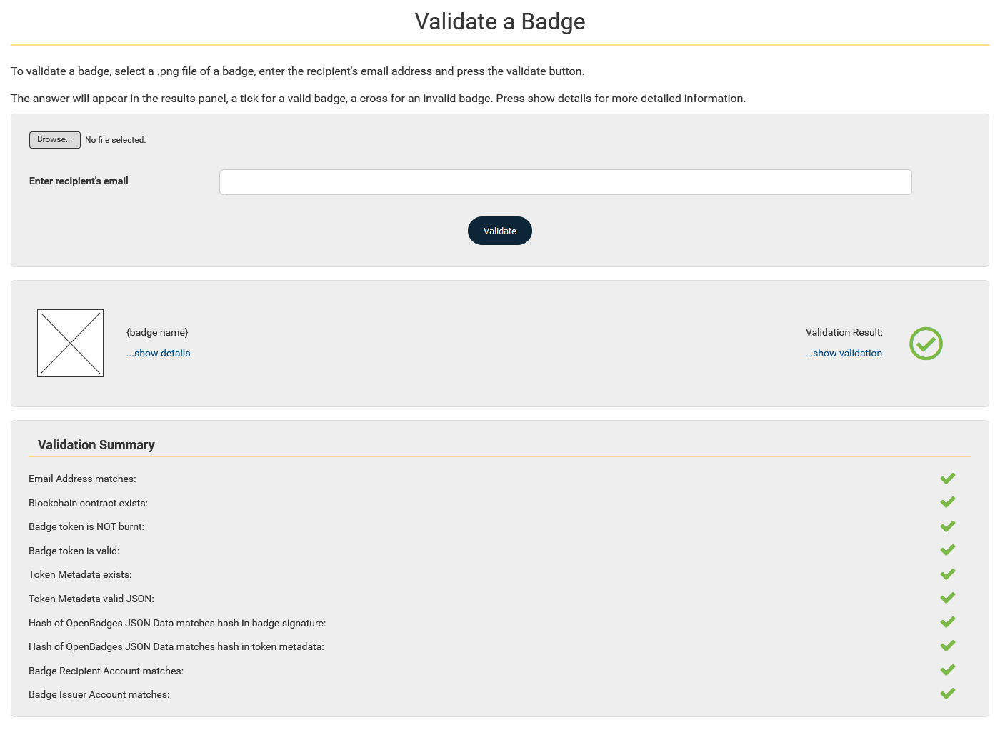 Validate a Badge - Validate - Show Validation screen