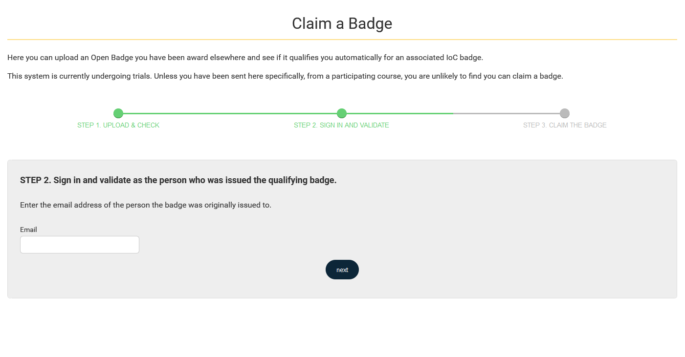 Claim a Badge - Validate screen