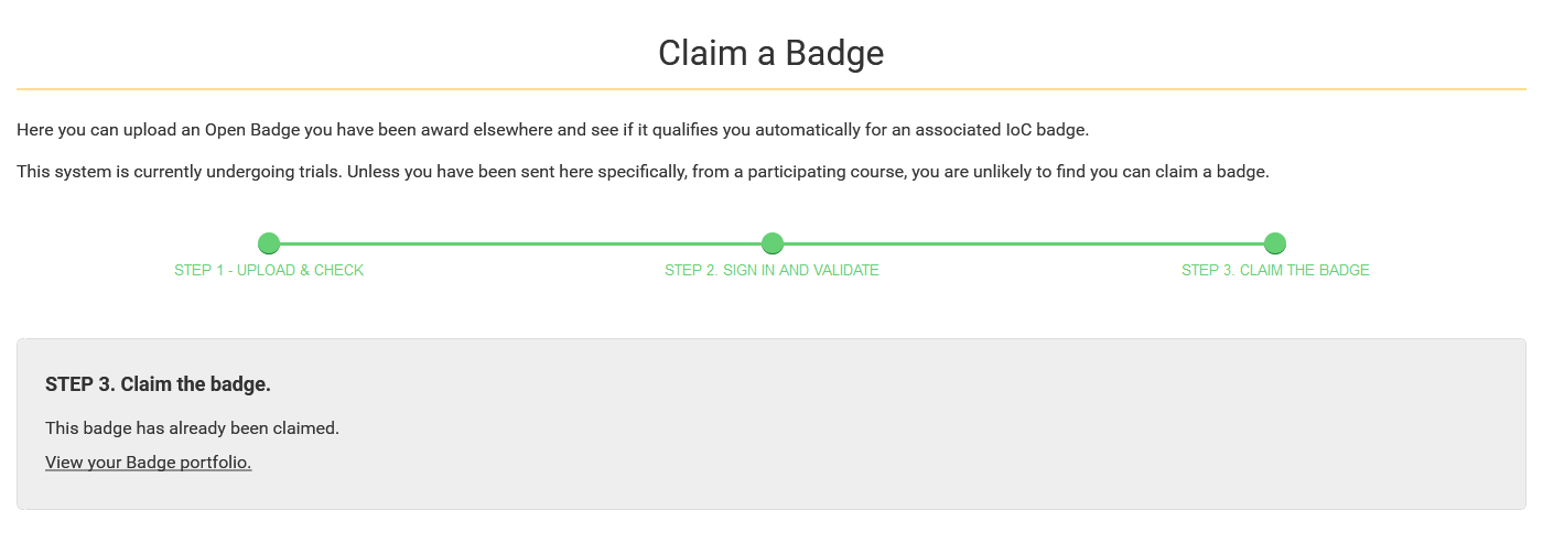 Claim a Badge - Already Claimed screen