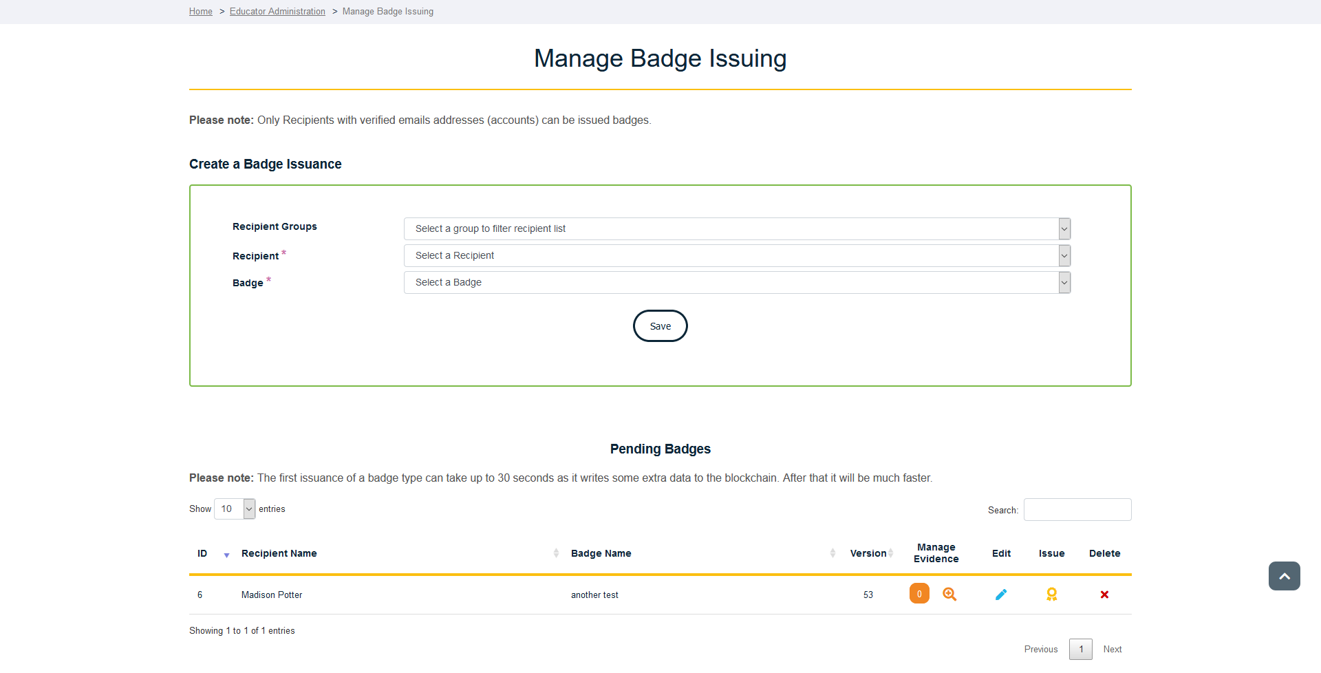 Section of the IoC Badge Issuing page with example data