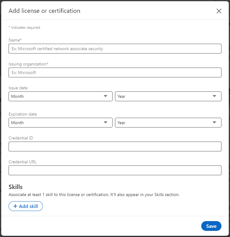 An example of a LinkedIn Addlicense or certification form