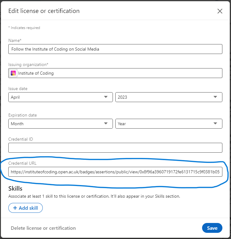 An example of a LinkedIn Add license or certification form with credential ID circled