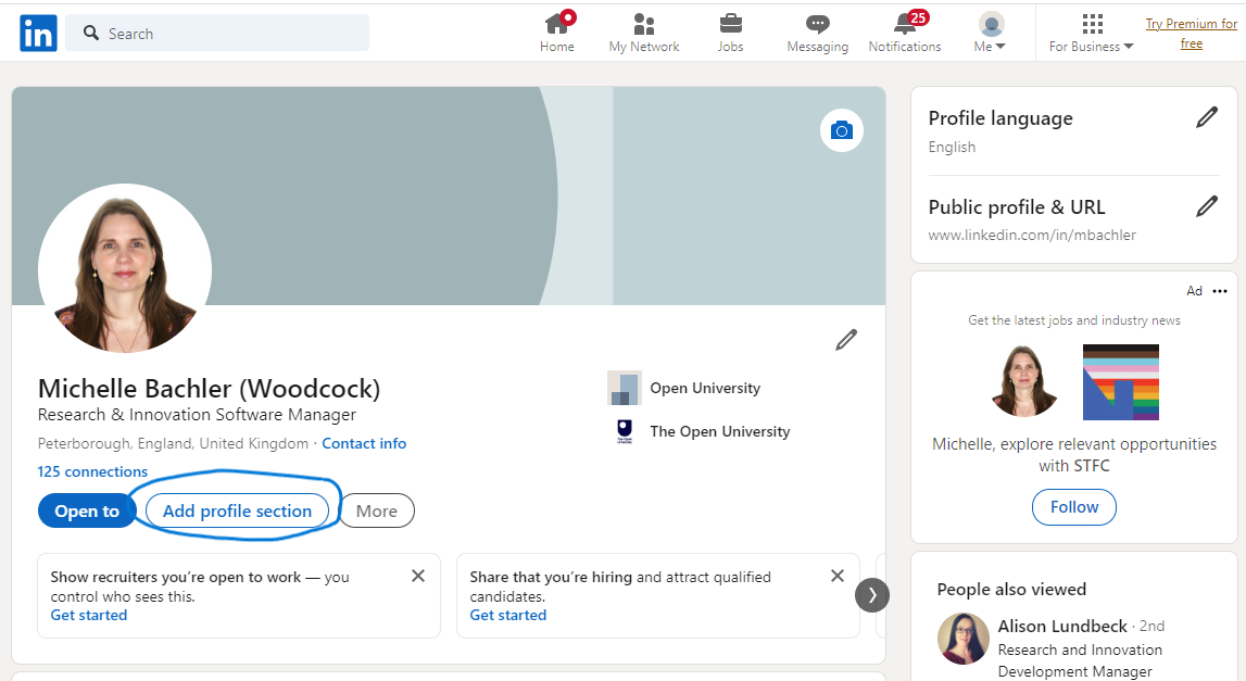 An example of a LinkedIn profile page with button circled