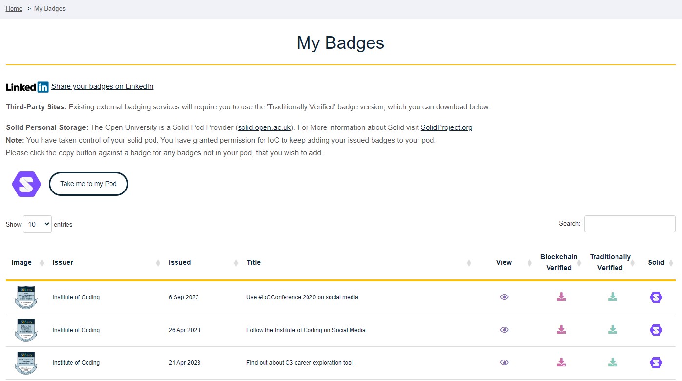 Main section of the Badge Recipient homepage