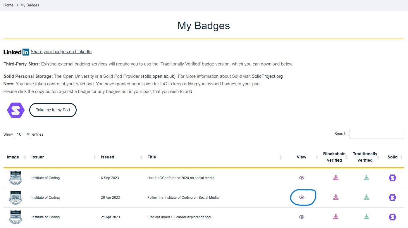 Main section of the Badge Recipient homepage